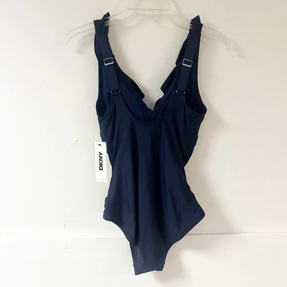Dkny Blue Ruffled One Piece Swimsuit V Neck Adjustable Strap Size Small NWT - Picture 5 of 11
